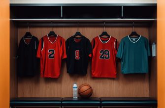 Locker with red and black basketball jerseys numbered 2, 9, and 29, plus a teal practice shirt, hanging above a bench with a water bottle and basketball on it