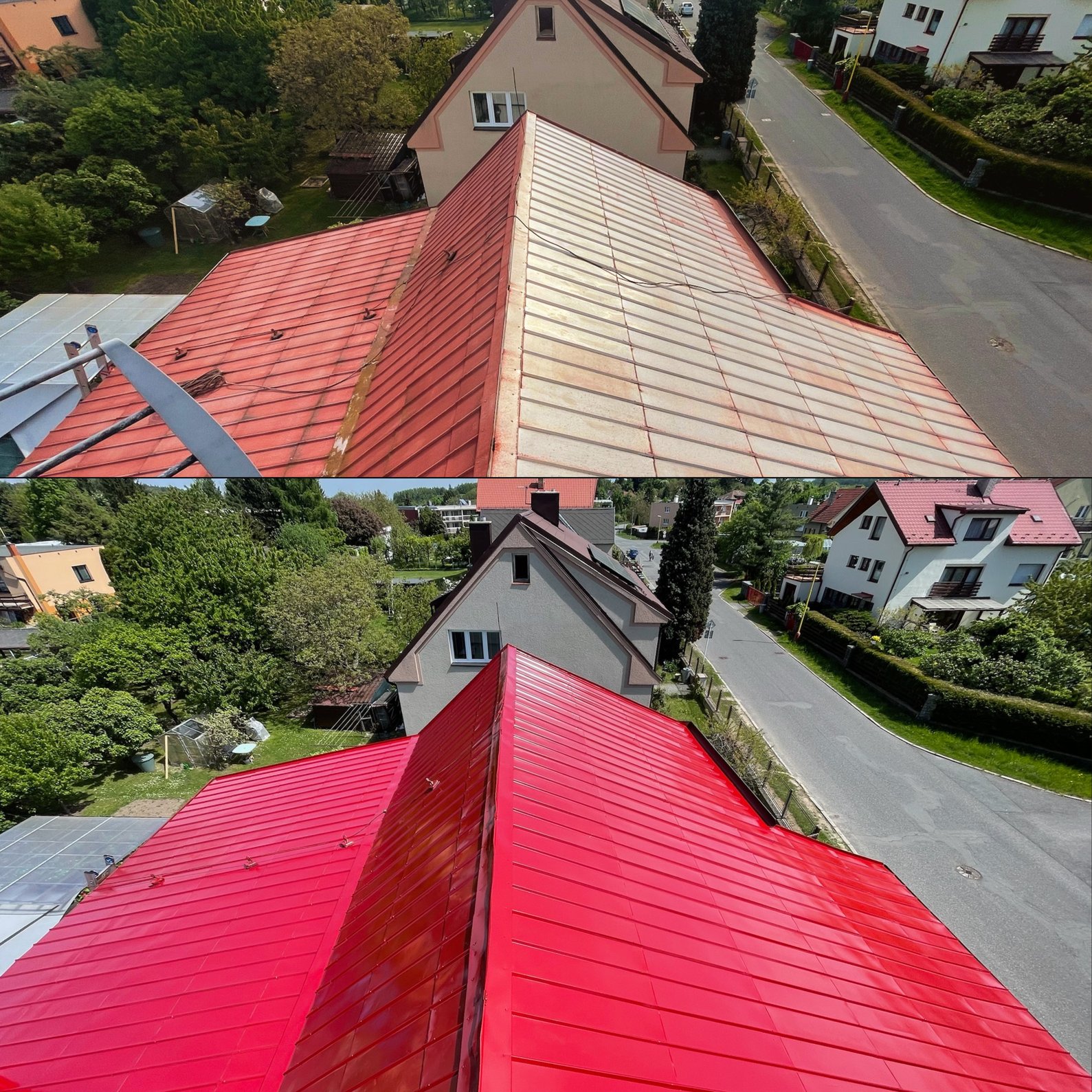 Aerial view of a bright red metal roof over a residential street lined with trees and houses.