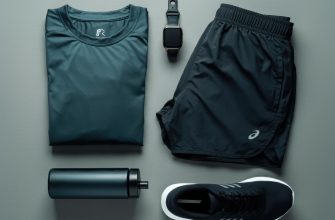 Flat lay of workout gear: teal shirt, black shorts, smartwatch, water bottle, and a running shoe on a gray background.