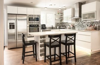 Modern white kitchen with a central island and three black bar stools; stainless steel fridge, oven, and microwave.