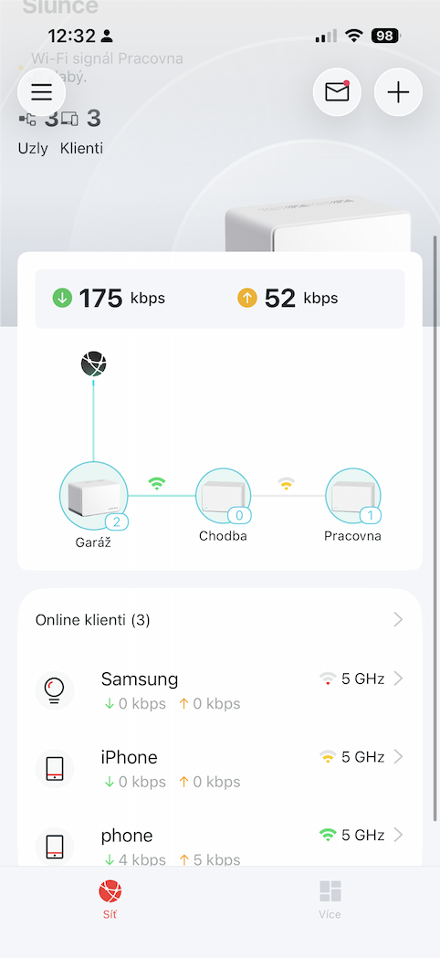 Mobile app screen displaying a home network dashboard with 175 kbps download and 52 kbps upload; a topology diagram links Garáž, Chodba, and Pracovna, and a list of online clients (Samsung, iPhone, phone) with per-device speeds.