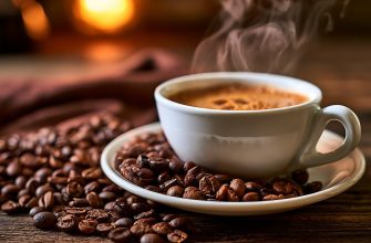 White porcelain cup of steaming coffee on a saucer, surrounded by roasted coffee beans on a dark wooden table.