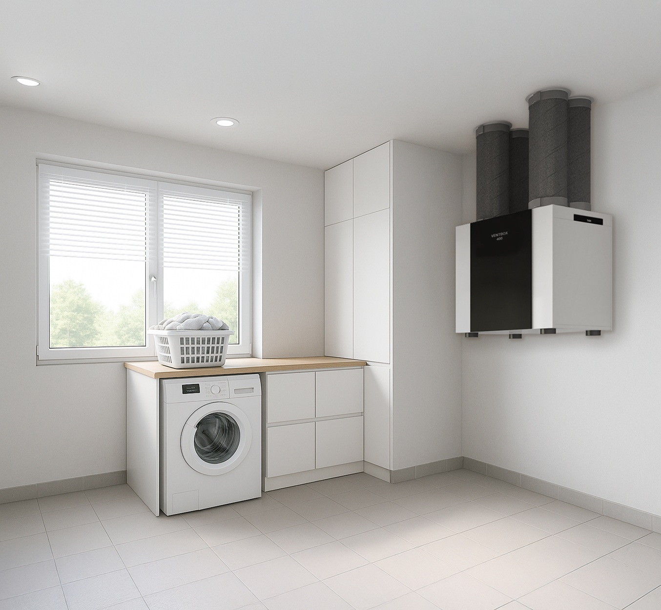 White laundry room with a front-loading washing machine under a wooden counter, a laundry basket on top, and white cabinetry.